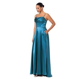 Betsy & Adam Women's Satin Empire-Waist Cowlneck Formal Dress Gown Aqua Blue 2